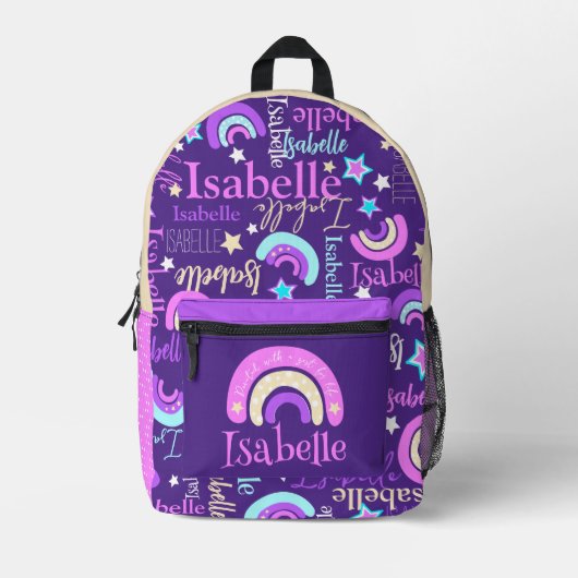 Sac À Dos Imprimé Arc-en-ciel rose jaune étoiles nom Isabelle (Recto)