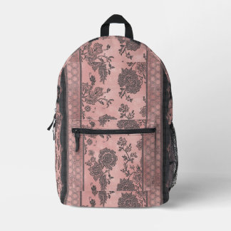 Sac À Dos Imprimé Art AI floral rose en dentelle noire et rose pouss