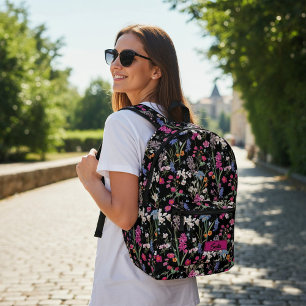 Sac À Dos Imprimé Beau Motif Floral Coloré Nom Personnalisé Noir
