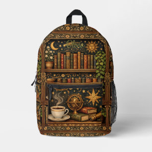 Sac À Dos Imprimé Bibliothèque céleste rétro livre amateur de café