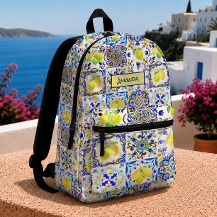 Sac À Dos Imprimé Bleu Jaune Majolique Citron Méditerranéen Sicilien