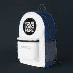 Sac À Dos Imprimé Bleu | Logo et texte personnalisés<br><div class="desc">Bleu et blanc de la marine classique | Logo d'entreprise personnalisé et texte moderne Professionnel imprimé sac à dos</div>