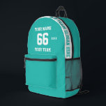 Sac À Dos Imprimé bleu turquoise personnalisé Nom, Numéro, Sport d'é<br><div class="desc">Créez votre propre sac à dos imprimé couleur bleu clair bleu bleu sport de football avec le nom, le numéro, le nom de l'équipe, le slogan et l'année. Personnalisez ce simple modèle de sac à dos imprimé classique avec votre message personnalisé, nom, nom d'équipe et année. Personnalisez-le facilement pour un...</div>