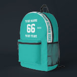 Sac À Dos Imprimé bleu turquoise personnalisé Nom, Numéro, Sport d'é<br><div class="desc">Créez votre propre sac à dos imprimé couleur bleu clair bleu bleu sport de football avec le nom, le numéro, le nom de l'équipe, le slogan et l'année. Personnalisez ce simple modèle de sac à dos imprimé classique avec votre message personnalisé, nom, nom d'équipe et année. Personnalisez-le facilement pour un...</div>