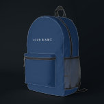 Sac À Dos Imprimé Blue Minimaliste Moderne Nom Personnalisé, Texte,<br><div class="desc">Sac à dos bleu marine classique tendance personnalisé avec texte personnalisé moderne. Ajoutez votre propre photo,  illustration ou tout élément de design graphique,  ou laissez cette esthétique élégante et minimale. N'importe quelle police,  n'importe quelle couleur,  aucun minimum.</div>