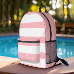 Sac À Dos Imprimé Blush Pink Mod Retro Stried Motif Nom personnalisé<br><div class="desc">Un design minimal avec d'énormes rayures et un endroit pour ajouter votre nom. Un coeur minuscule est inclus juste au-dessus de la zone du monogramme. Un design audacieux mais minimal avec une zone facultative pour ajouter du texte.</div>