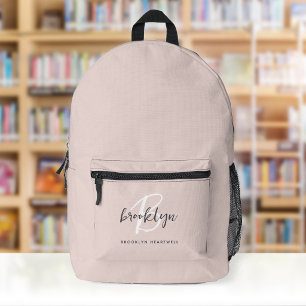 Sac À Dos Imprimé Blush Rose Tendance Monogramme Nom Gris Script