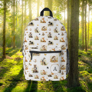 Sac À Dos Imprimé Bois Animaux Monogramme École Voyage Enfants Blanc
