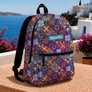 Sac À Dos Imprimé Carreaux de Talavera mexicains chic bleu violet mo
