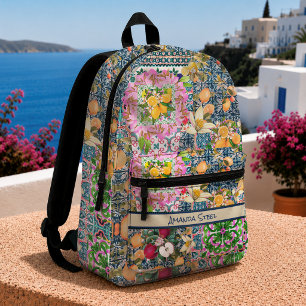 Sac À Dos Imprimé Carreaux Floraux de Citron Sicilien Bleu Chic Rose