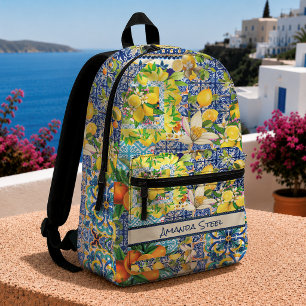 Sac À Dos Imprimé Carreaux Floraux de Citron Sicilien Turquoise Bleu