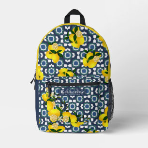 Sac À Dos Imprimé Carreaux Méditerranéens Citron  Bleu Nuit Blanc