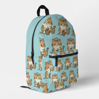 Sac À Dos Imprimé Chat Adorable avec Casquette Bleue et Pelote de La