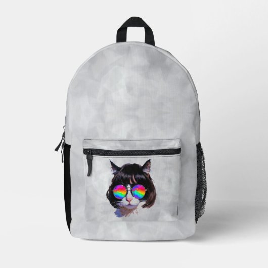 Sac À Dos Imprimé Chat dans une perruque + Lunettes de soleil (Peint (Recto)