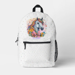 Sac À Dos Imprimé Cheval Arc-en-ciel doux Nom rose Monogramme Animal