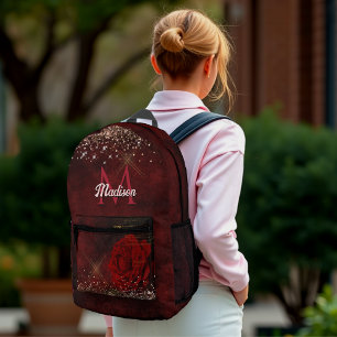 Sac À Dos Imprimé Chic fleur rouge faux or parties scintillant monog
