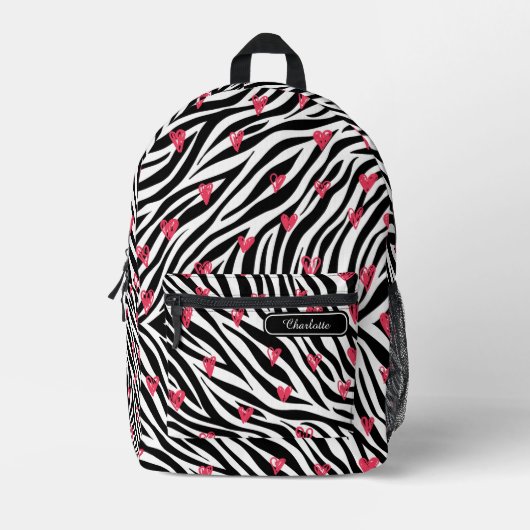 Sac À Dos Imprimé Chic Rouge Cœurs Noirs et Blanc Impression Zèbre (Recto)