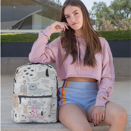 Sac À Dos Imprimé Chiens mignons Coeurs Monogramme rose Personnalisé