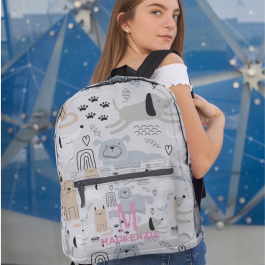 Sac À Dos Imprimé Chiens mignons Coeurs Monogramme rose Personnalisé