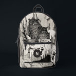 Sac À Dos Imprimé Chouette Vintage Moody Monogramme noir et ivoire<br><div class="desc">Ce sac à dos sur mesure amusant et élégant présente un tableau vintage de deux chouettes grincheux, appelé Kerstnacht par Theo van Hoytema (1894). Un modèle de texte monogramme est inclus - utilisez-le pour personnaliser votre sac à dos ou le retirer, si vous ne préférez pas de monogramme. Les côtés/dessus/bas...</div>