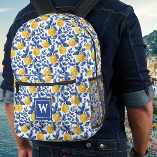 Sac À Dos Imprimé Citrons jaunes Bleu Méditerranéen Amalfi Initiale