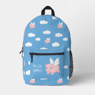 Sac À Dos Imprimé Cochon Volant sur Nom Personnalisé Bleu