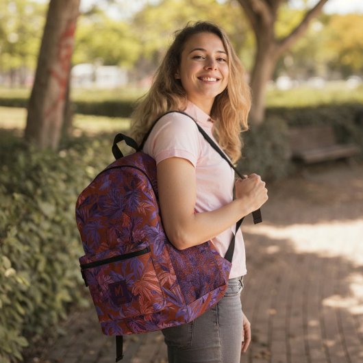 Sac À Dos Imprimé Conception de Monogramme rouge pourpre à feuilles 
