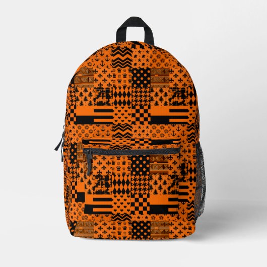 Sac À Dos Imprimé Conception de Patchwork Motif mixte orange noir (Recto)
