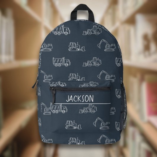 Sac À Dos Imprimé Construction Vehicles School Boys Name Dark Blue