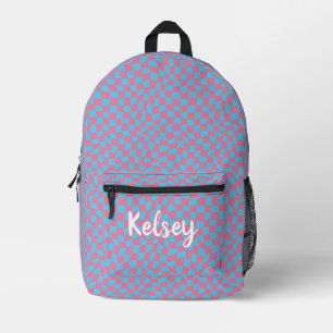 Sac À Dos Imprimé Cool rose et bleu rétro Wavy Check Nom du monogram