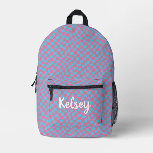 Sac À Dos Imprimé Cool rose et bleu rétro Wavy Check Nom du monogram (Recto)