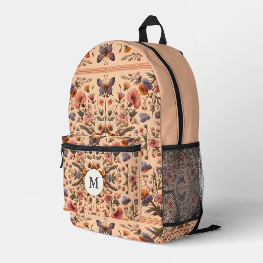 Sac À Dos Imprimé Cottagecore Fleur sauvage Vintage Peach Monogramme (Coin arrière droit)