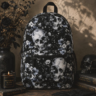 Sac À Dos Imprimé Crânes Floraux Gothiques Noir & Blanc