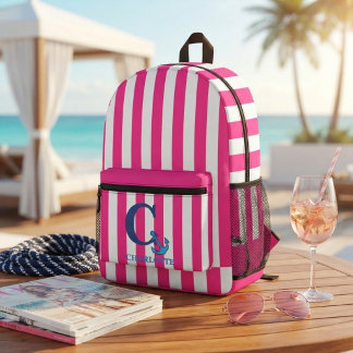 Sac À Dos Imprimé Custom Pink White Striped Nautical Anchor Monogram