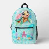 Sac À Dos Imprimé Cute Happy Turtle Girl Ocean Turquoise Nom (Recto)