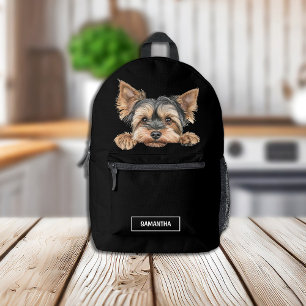 Sac À Dos Imprimé Cute Peeking Yorkie sur Noir avec nom
