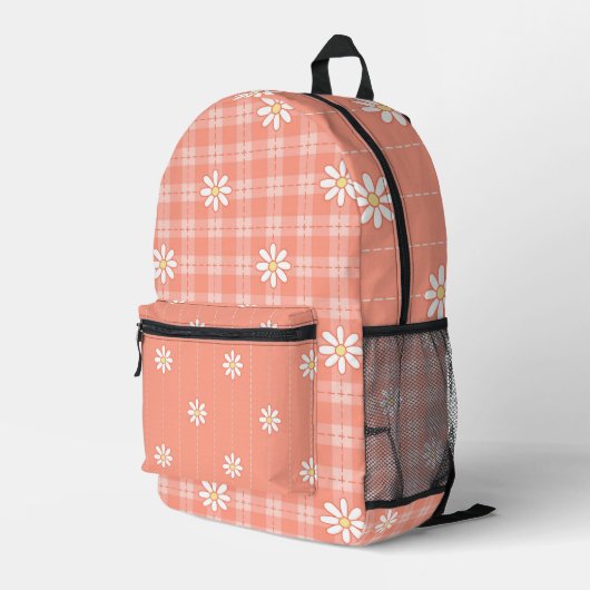 SAC À DOS IMPRIMÉ DAISIES BLANCHES AVEC MOTIFS PASTEL ORANGE PLAID (Coin arrière droit)