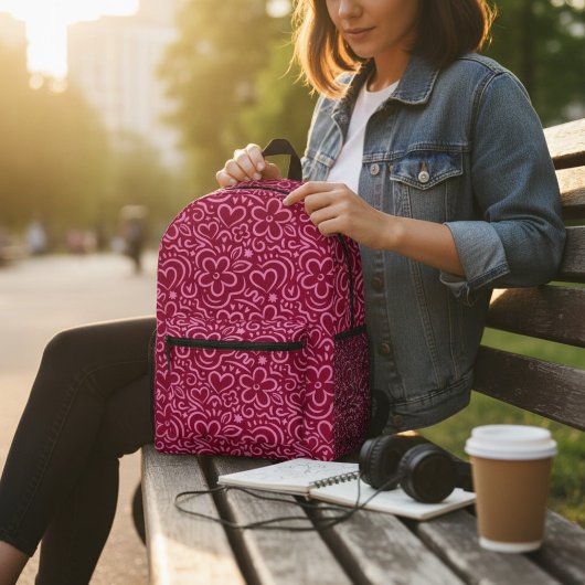 Sac À Dos Imprimé Doodle moderne Whimsical Rouge Rose Flower Heart