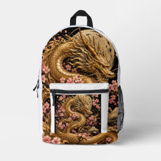 Sac À Dos Imprimé Dragon Mythique Doré avec de Délicates Fleurs Rose