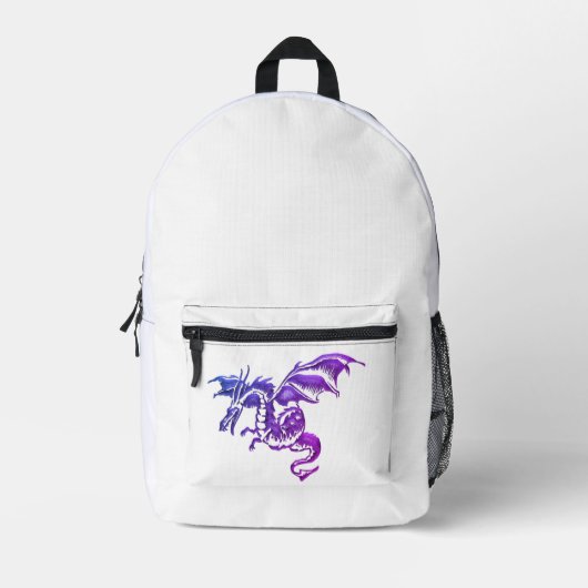 Sac À Dos Imprimé Dragon Violet Volant sur Fond Blanc (Recto)