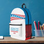 Sac À Dos Imprimé Drapeau américain de la campagne politique personn<br><div class="desc">Customisez votre propre sac à dos de campagne politique en ajoutant votre propre nom ou un autre politicien sous ces étoiles et bandes en rouge,  blanc et bleu. Ajoutez un nom personnalisé pour le président américain en 2024 ou un autre bureau politique aux Etats-Unis.</div>