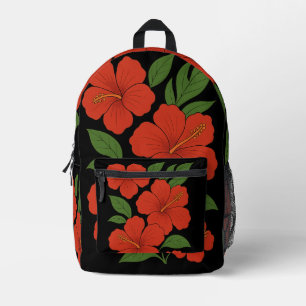 Sac À Dos Imprimé Élégance Tropicale Hibiscus Rouge sur Fond Noir