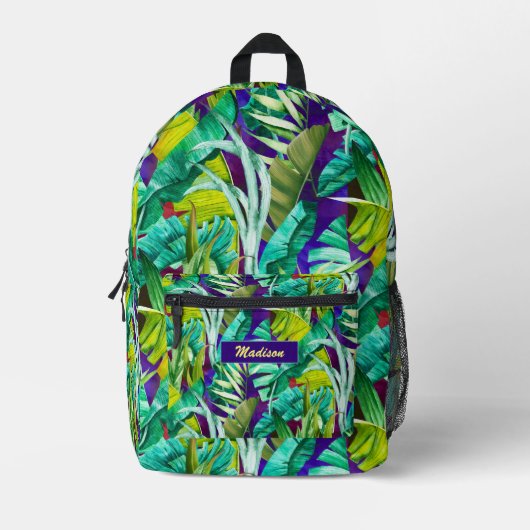 Sac À Dos Imprimé Élégant feuille vert tropical violet (Recto)