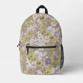 Sac À Dos Imprimé Élégant gris vert clair motif floral Monogramme