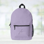 Sac À Dos Imprimé Élégant Lavande Purple Personnalisé<br><div class="desc">Sac à dos violet lavande minimal et élégant. Personnalisez avec vos initiales monogrammes et nom dans un mélange d'un script chic violet foncé et d'une simple typographie blanche moderne.</div>