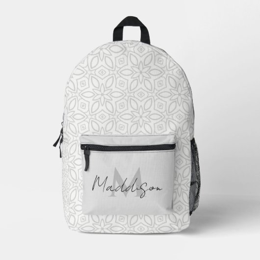 Sac À Dos Imprimé Élégant Mandala Blanc Élégant Avec Nom (Recto)