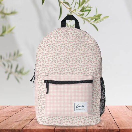 Sac À Dos Imprimé Élégant Moderne Gingham Floral Rose Pâle Beige