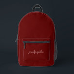 Sac À Dos Imprimé Élégant moderne Nom de script rouge foncé couleur<br><div class="desc">Tendance Personnalisée Élégante Moderne Simple Modèle Télécharger Image Photo Ou Logo D'Entreprise Ajouter Calligraphie Script Nom Ou Texte Dark Red Solid Color Accessoires / Sacs & Wallets / sac à dos.</div>