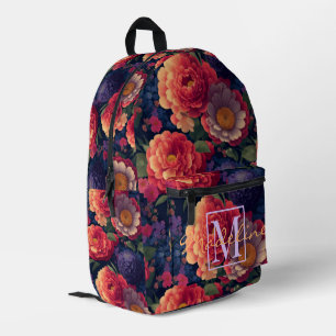 Sac À Dos Imprimé Élégant monogramme romantique orange rouge floral