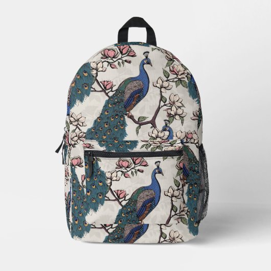 Sac À Dos Imprimé Elégant Peacocks Turquoise & Fleurs Magnolia ivoir (Recto)